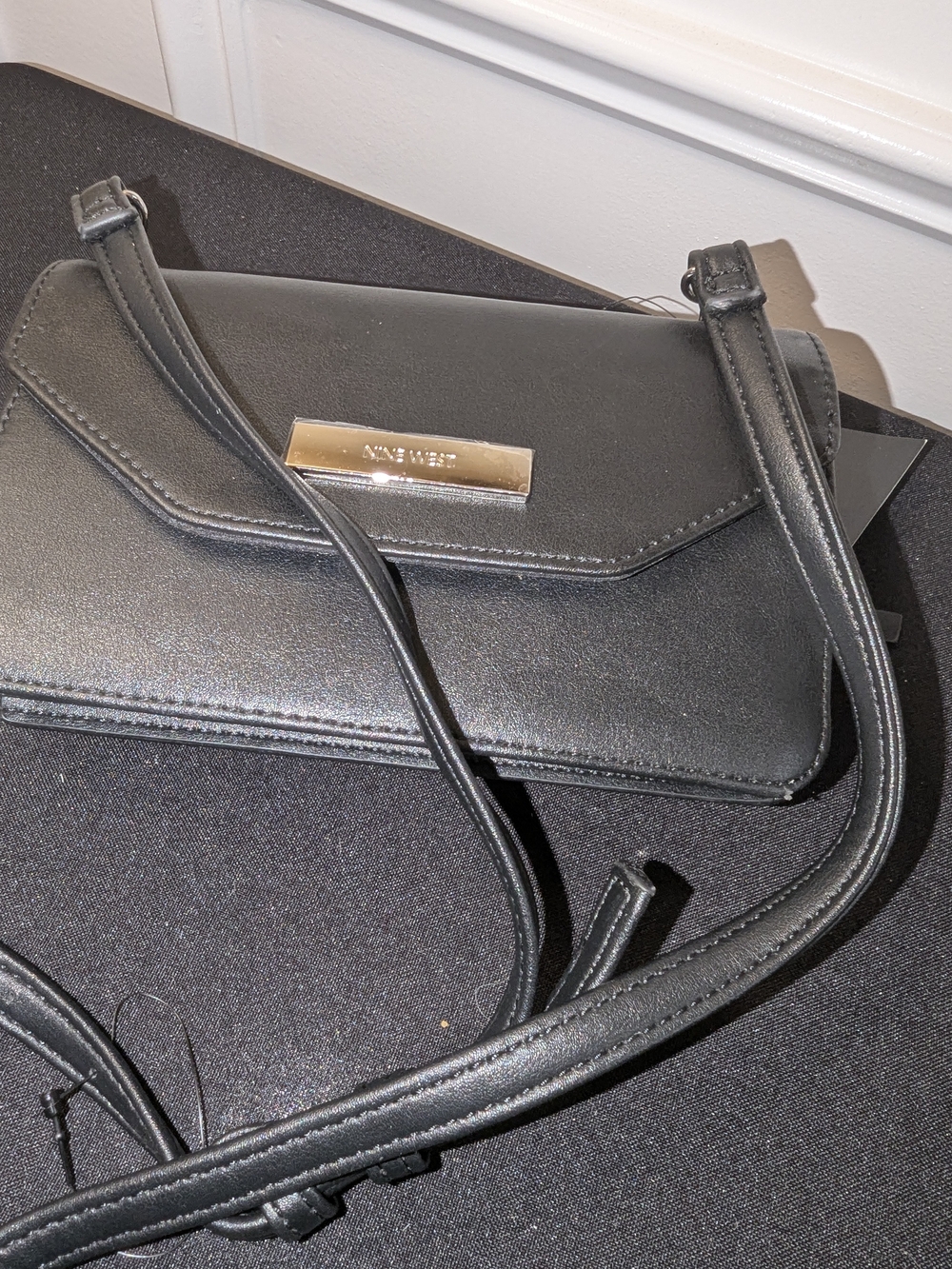 Nine West Black Faux Leather Crossbody with Gold Plaque